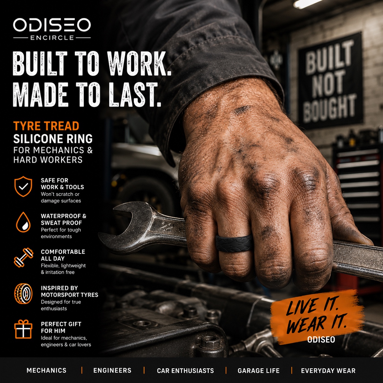 Mechanic wearing a tyre-tread silicone ring while holding a workshop wrench