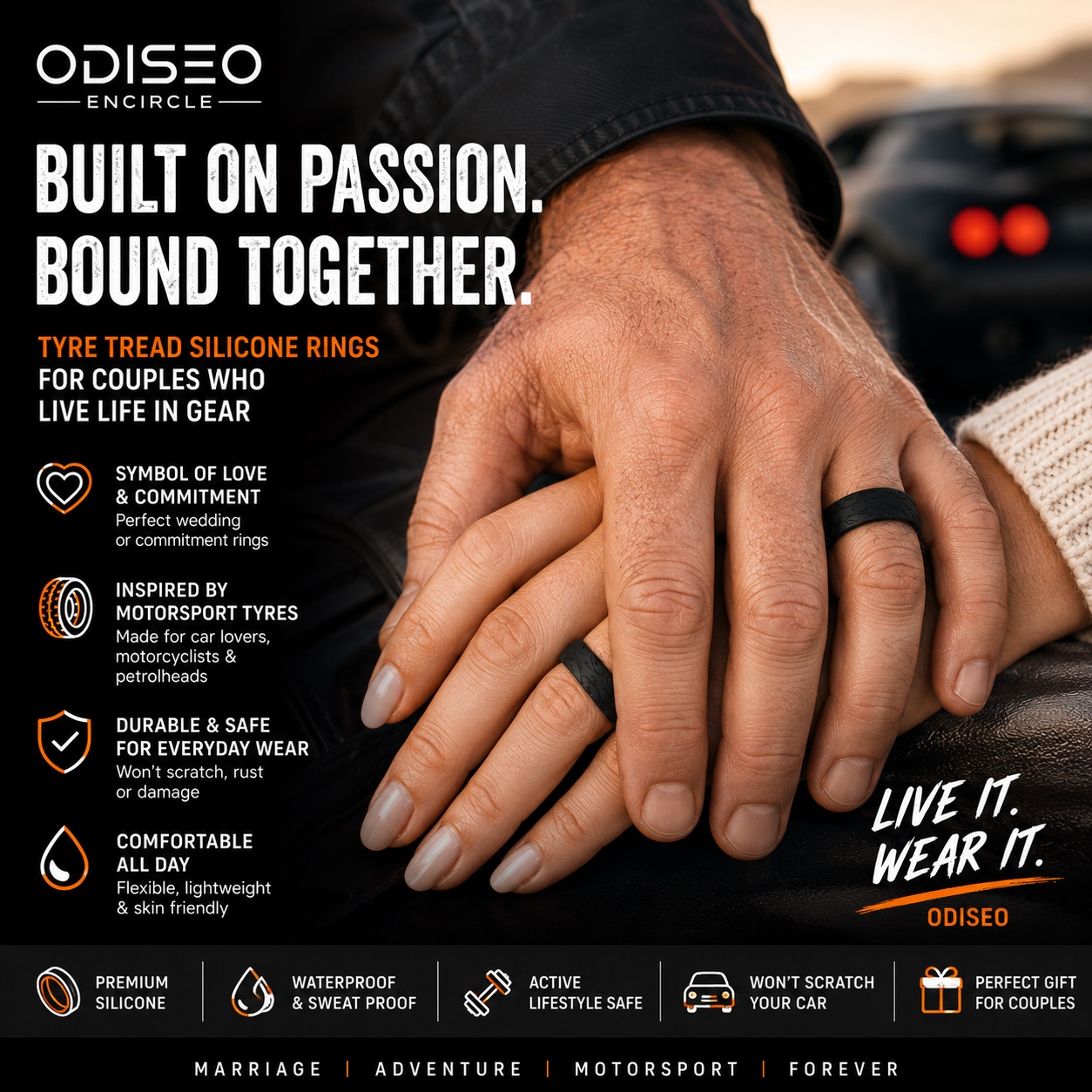 Couple wearing matching Odiseo tyre-tread silicone commitment rings