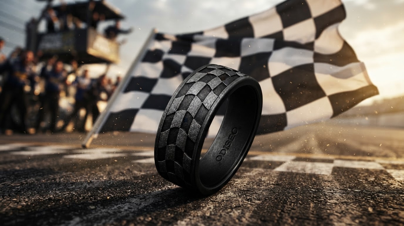 Black chequered-pattern ring standing beside a waving finish flag