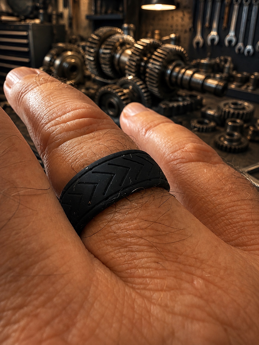 Black tyre-tread silicone ring worn in a workshop surrounded by engine gears