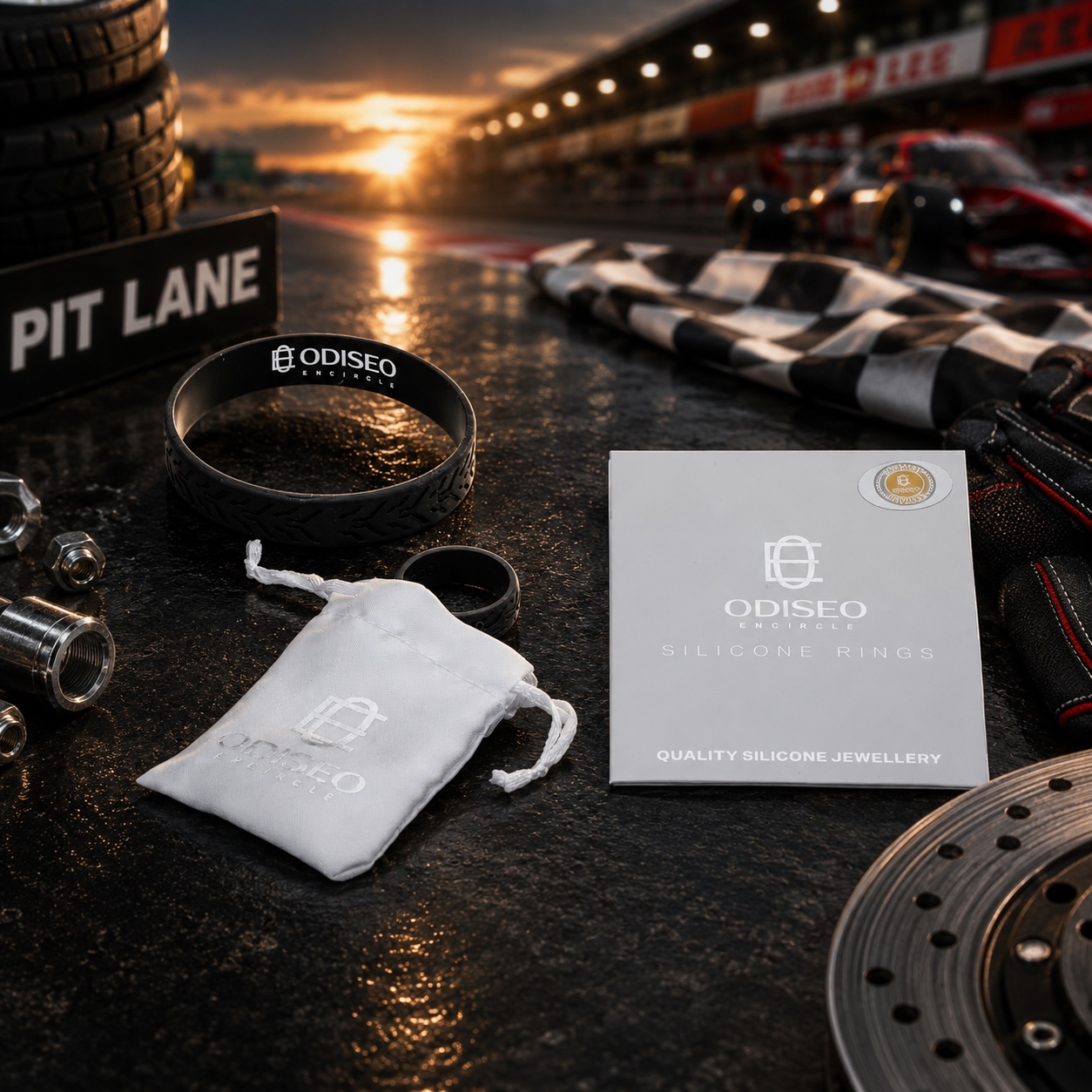 Odiseo silicone rings and gift packaging beside a race circuit at sunset