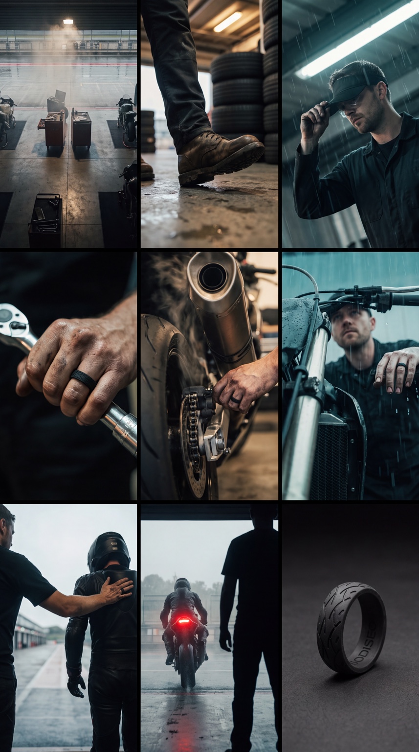 Motorsport workshop and motorcycle lifestyle collage featuring an Odiseo silicone ring