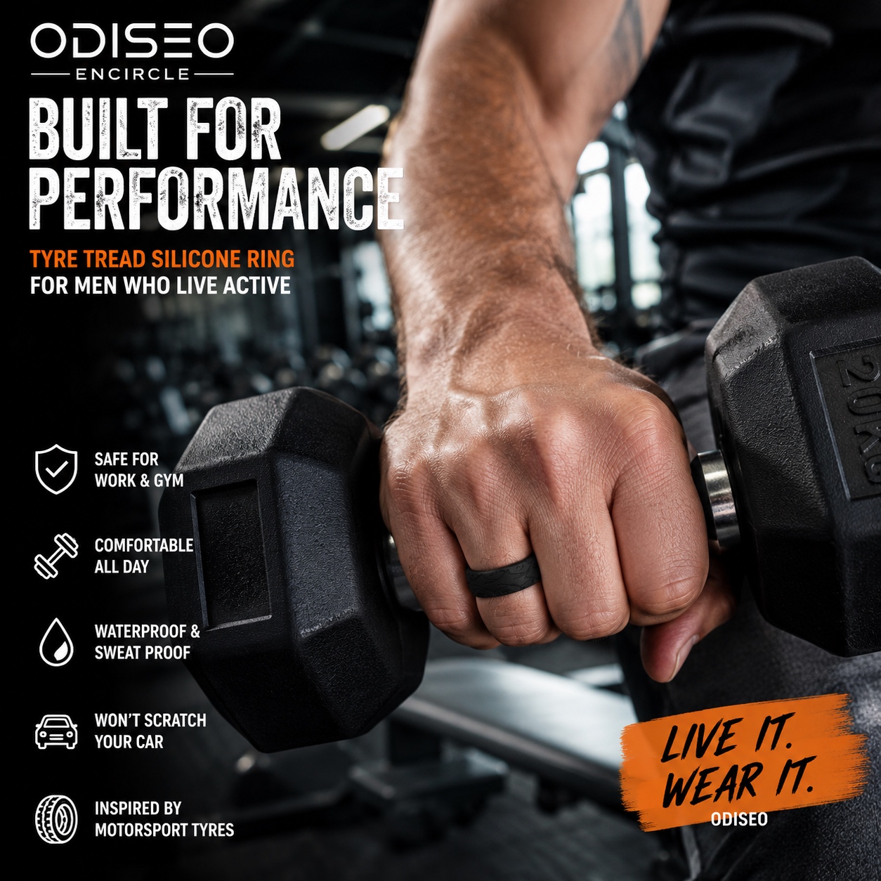 Active man wearing an Odiseo silicone ring while lifting a dumbbell