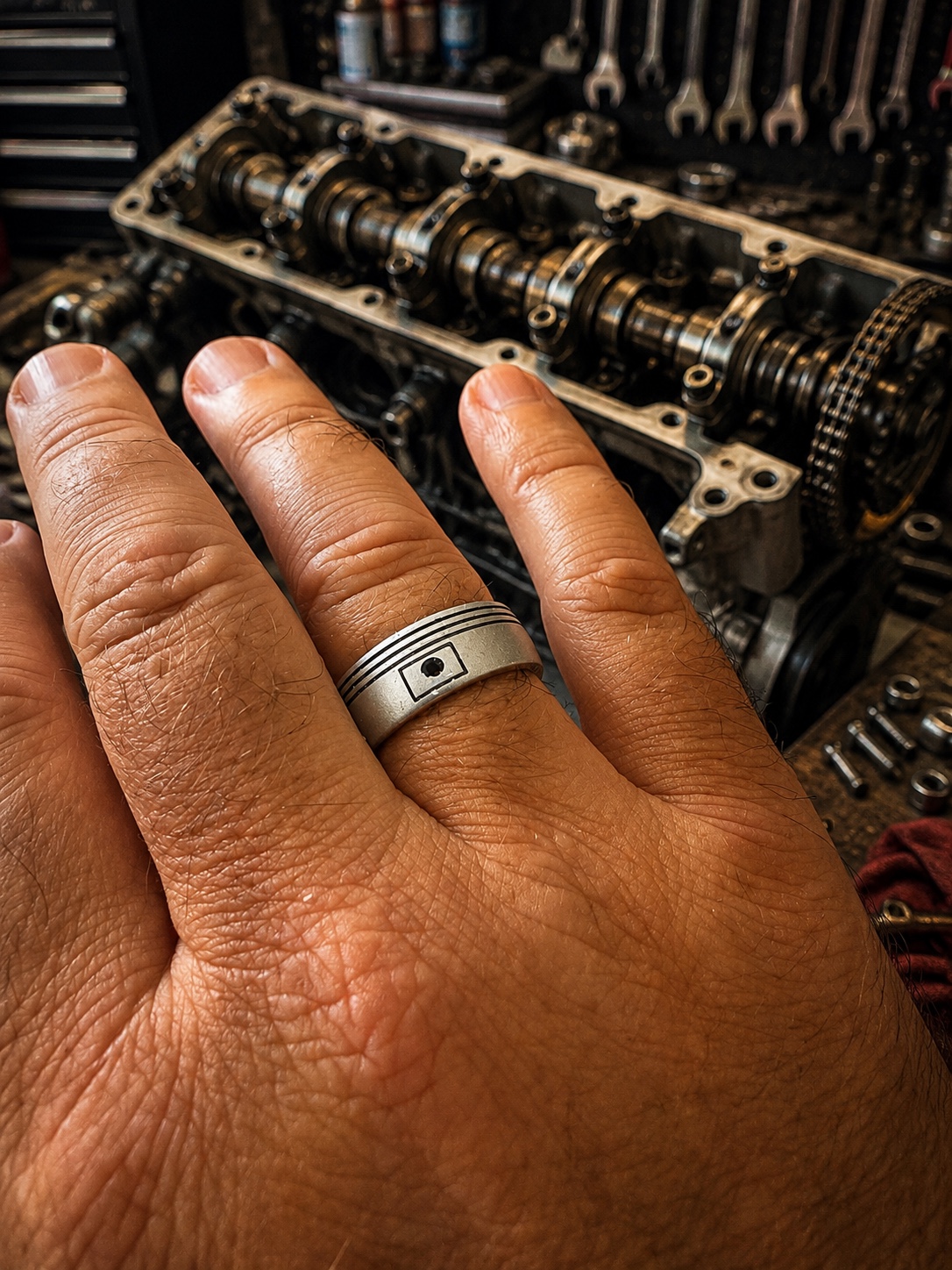 Silver piston-inspired Odiseo ring worn beside an open performance engine