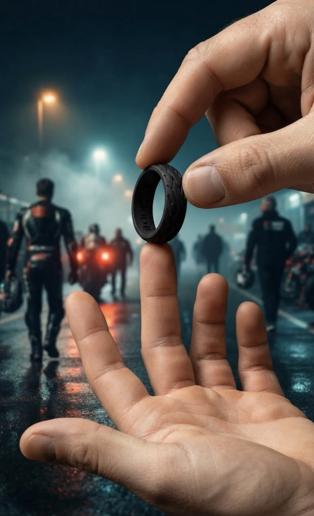 Odiseo tyre-tread silicone ring passed between hands in a rain-soaked pit lane