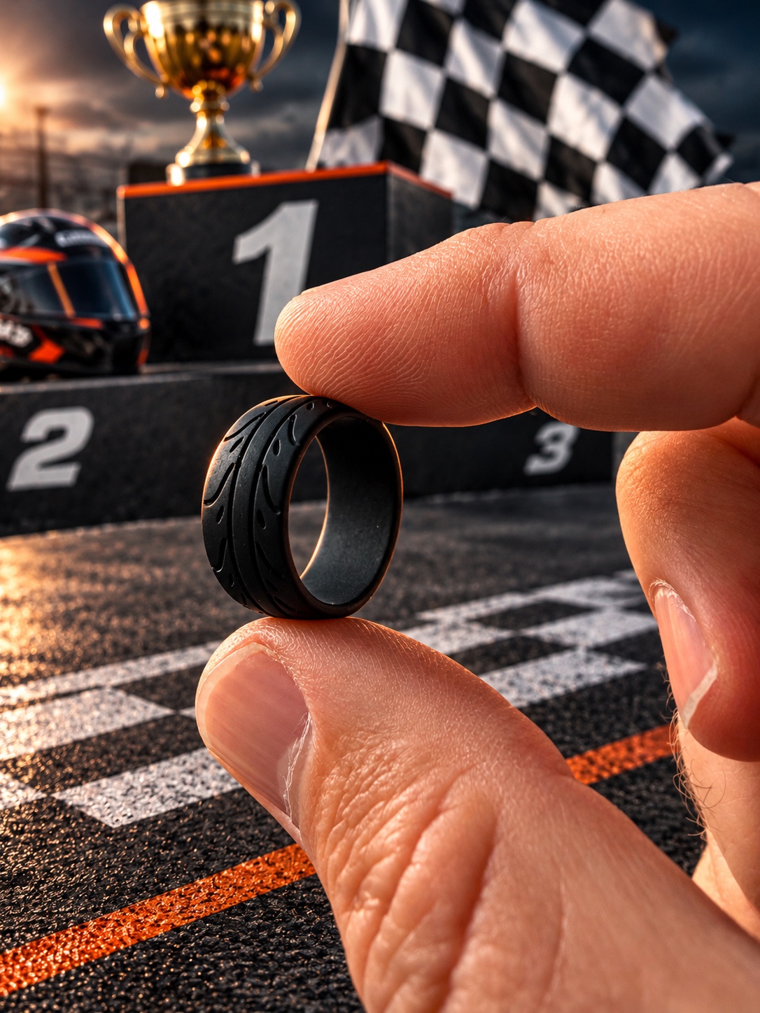 Black tyre-tread silicone ring held between fingers beside a motorsport podium