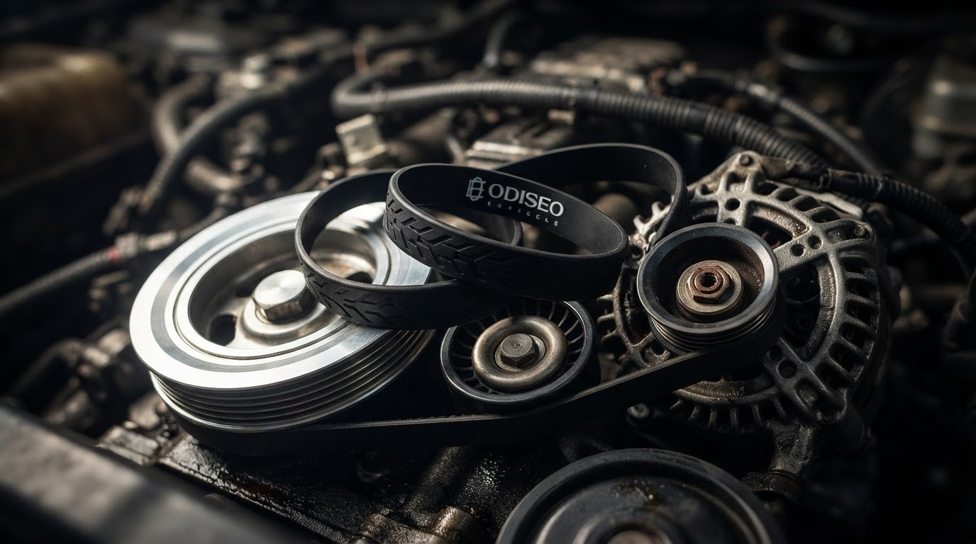 Two Odiseo silicone motorsport bands displayed across an engine serpentine belt and alternator