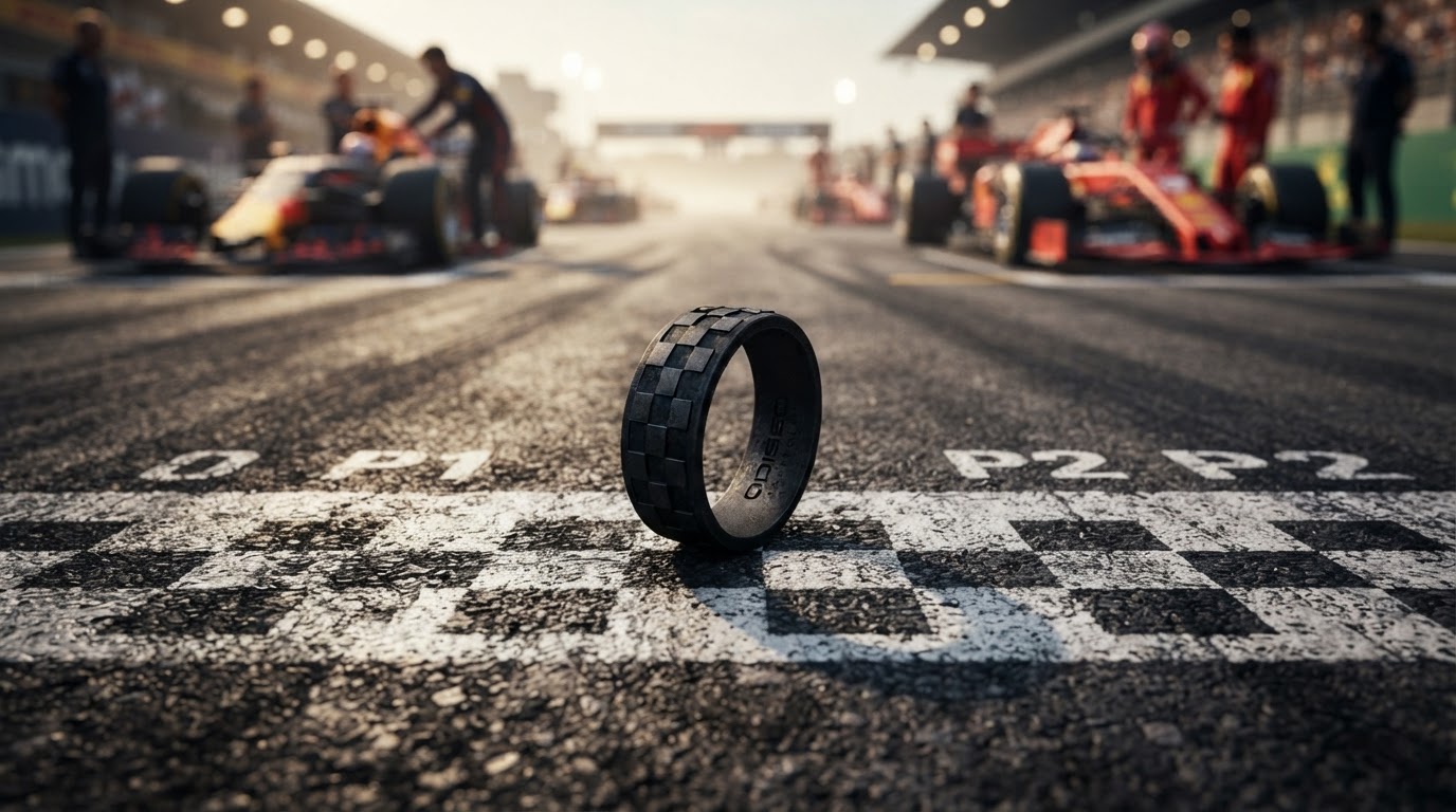 Black chequered-pattern ring standing on a motorsport starting grid