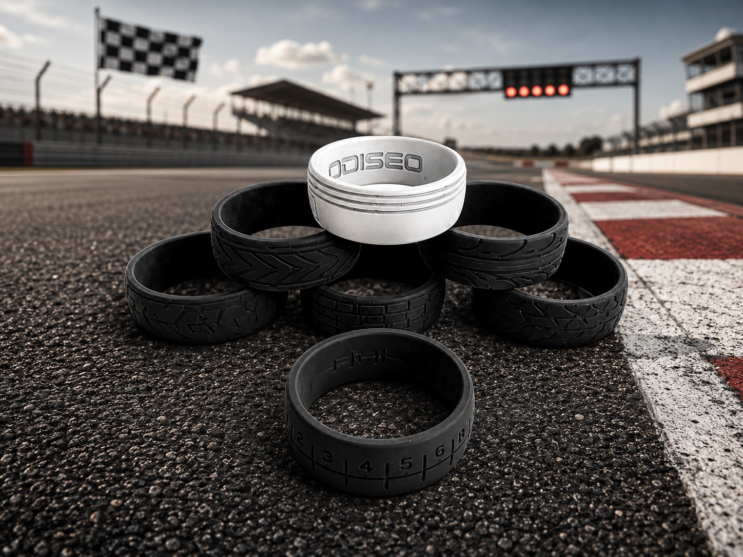 Odiseo motorsport silicone ring collection arranged on a racing circuit