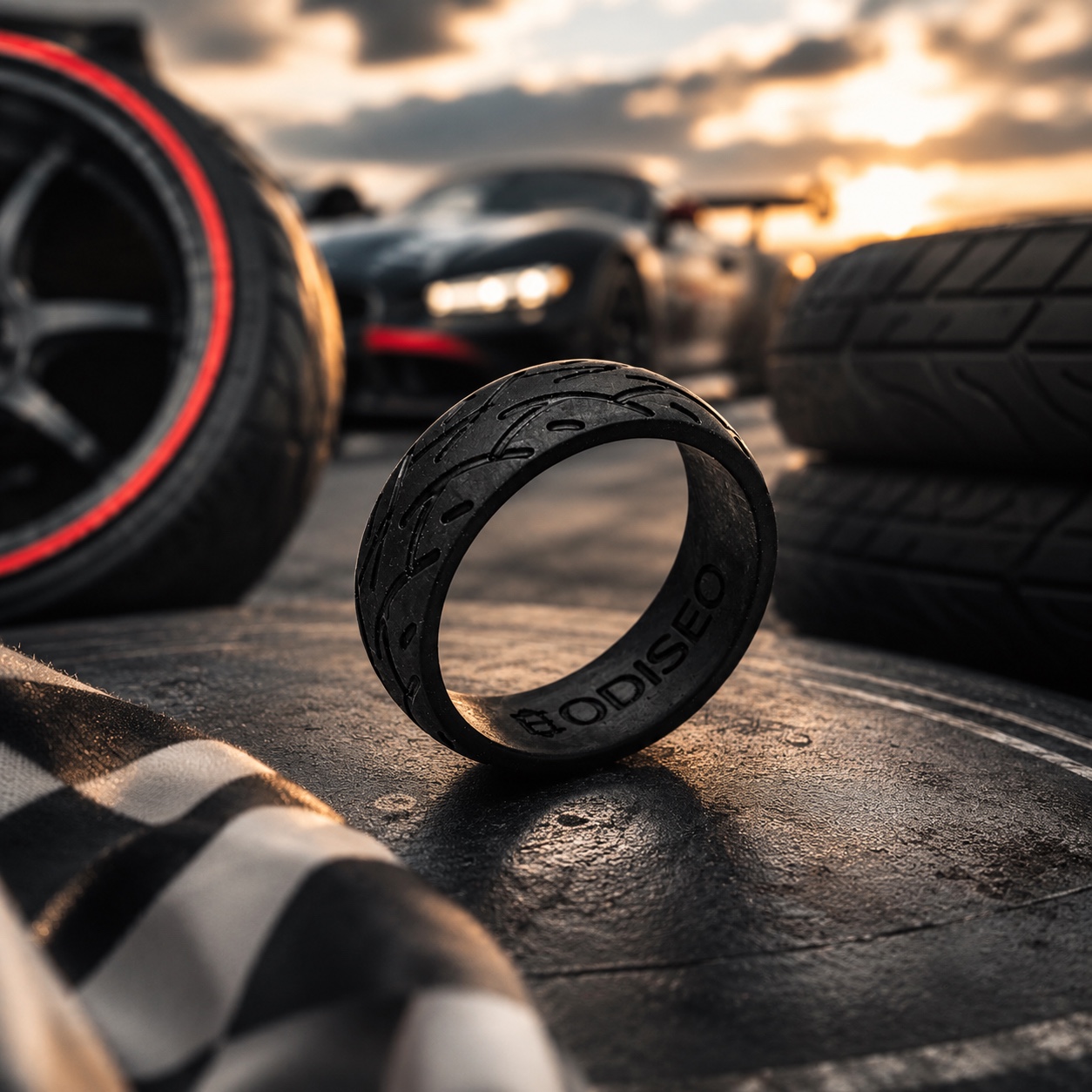 Black Odiseo tyre-tread ring displayed with performance tyres and cars at sunset