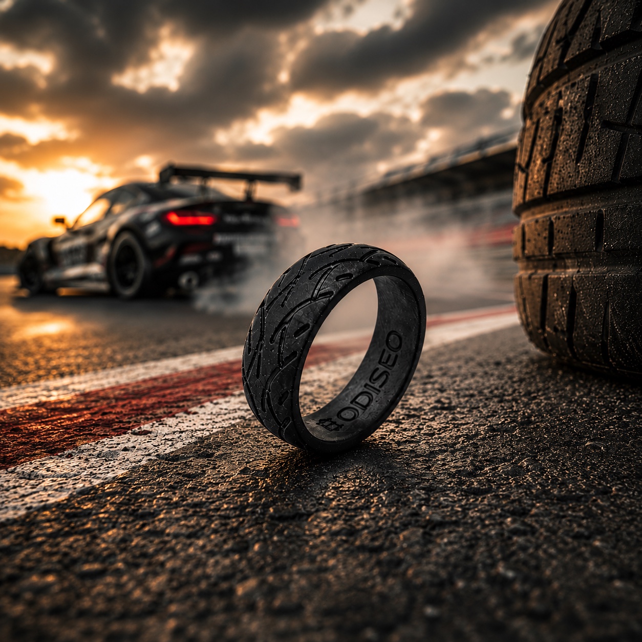 Odiseo tyre-tread silicone ring on a wet racing circuit beside performance tyres