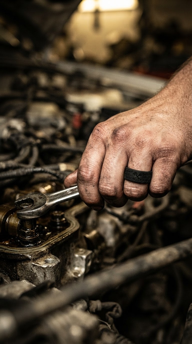 Mechanic wearing an Odiseo Wrench tyre-tread silicone ring while working on an engine