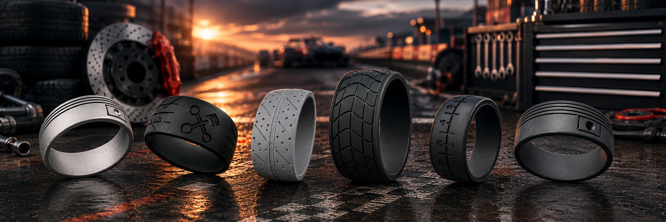 Odiseo Encircle silicone ring collection displayed across a cinematic motorsport pit lane